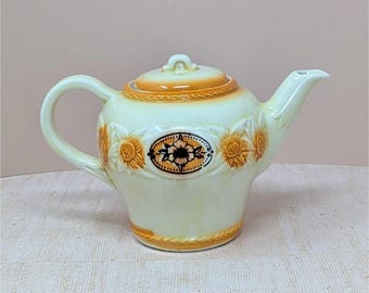 1930s Porcelier Vitreous China Teapot – Brown Medallion Floral