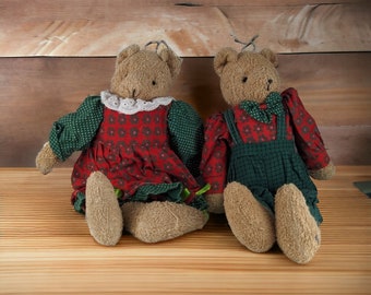 Vintage 12" Teddybärenpaar in Grün und Rot