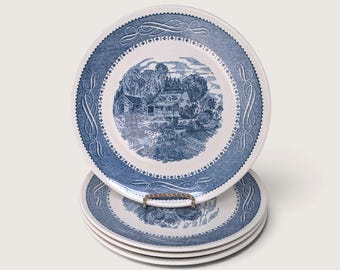 Blue Transferware Dinner Plates Set of 4 Vintage Currier and Ives Farmhouse Decor