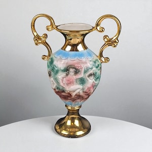 Vintage Italian Amphora Vase with Cherubs | 24K Gold | Porcelain Urn | Renaissance Style