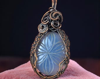 Handmade Copper Wire Wrapped Pendant, Blue Onyx Floral Stone