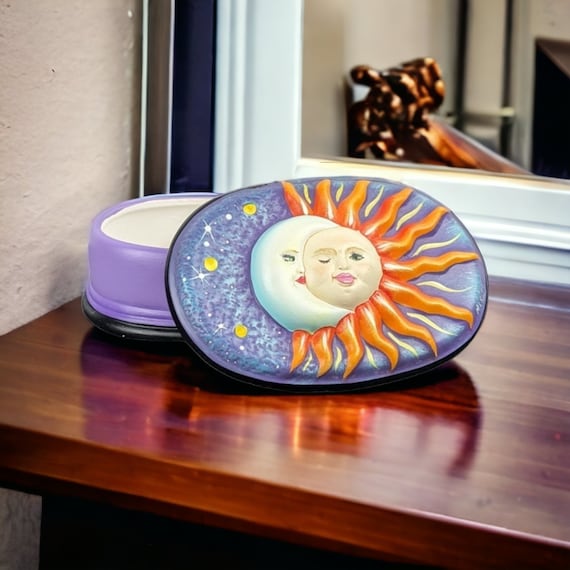 Hand Painted Sun and Moon Celestial Ceramic Box w… - image 1
