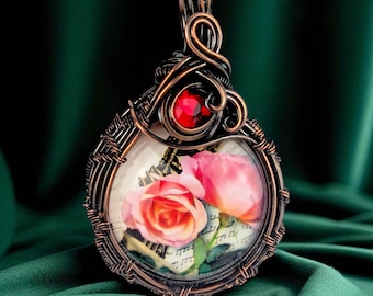 Pink Roses Pendant Wire Wrapped Copper Floral Jewelry Handmade Gift