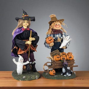 Vintage Fabric Mache Scarecrow & Witch Figurines: Halloween Fall Decor