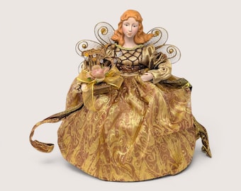 Gold Angel Tree Topper Vintage 1990s Kneeling Metallic Christmas Decor