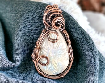 Copper Wire Wrapped Carved Moonstone Pendant