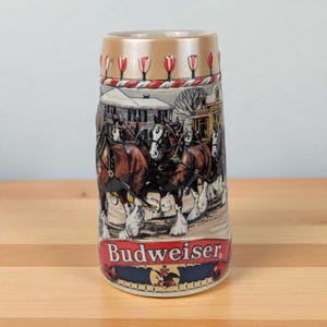 1986 Budweiser Holiday Stein | Clydesdale Horses | Christmas Town Scene | Vintage Beer Stein | Anheuser Busch Collectible