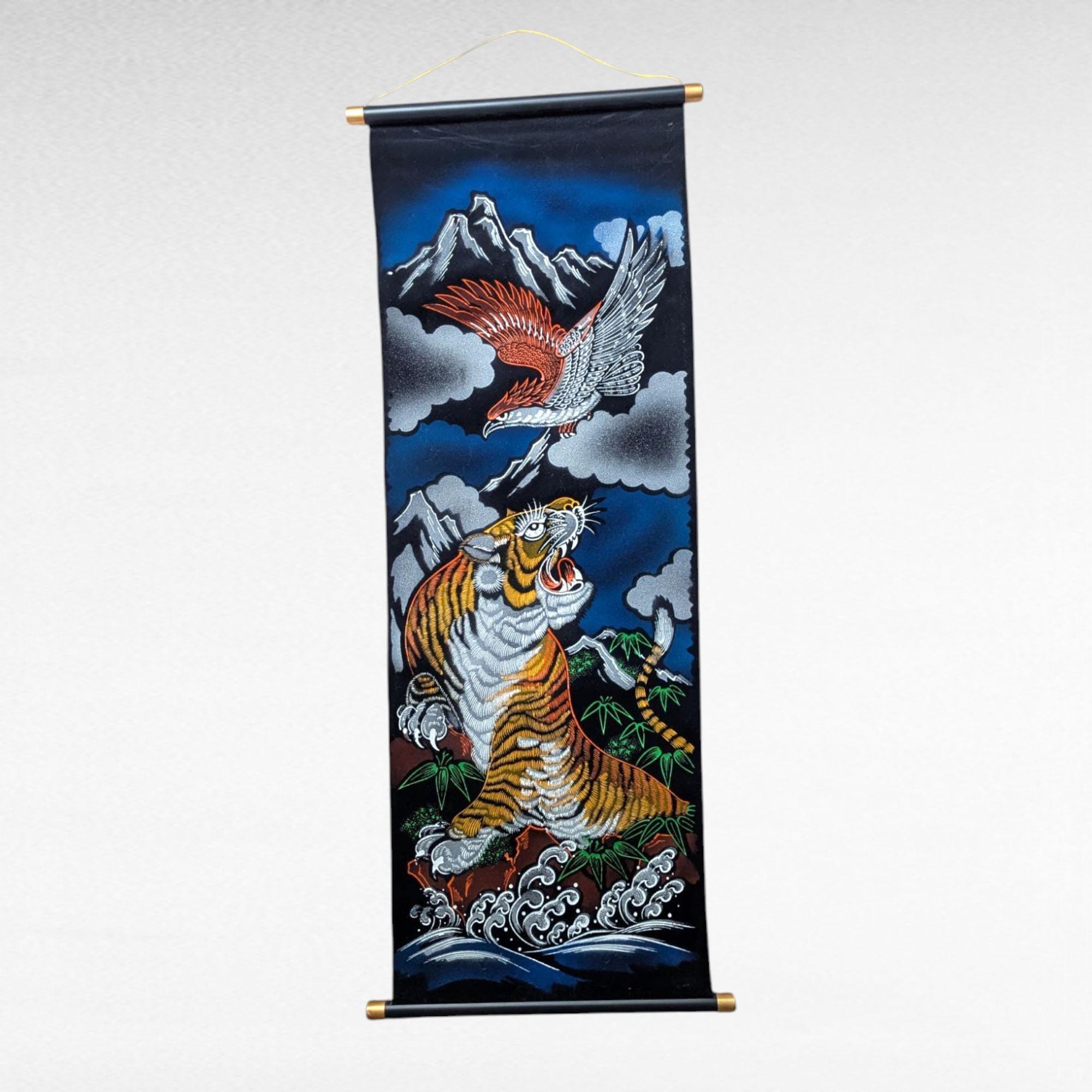 アンティーク 向付 江戸後期 龍　5+2枚 Vintage Japanese Tiger Eagle Velvet Handpainted Scroll Wall