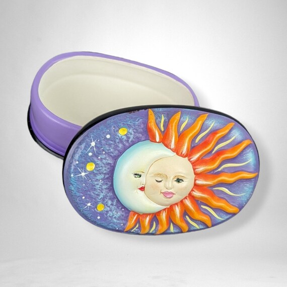 Hand Painted Sun and Moon Celestial Ceramic Box w… - image 6