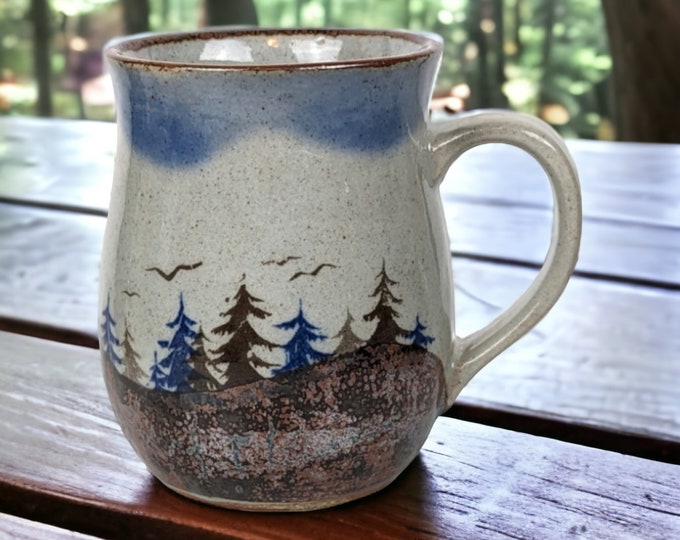 Vintage Glazed Pottery Mug With Scenery of Trees and Birds Etsy