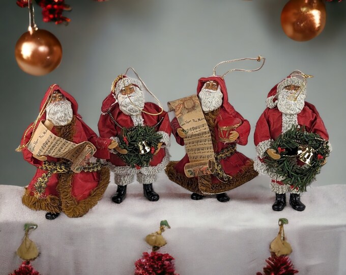 Set of 4 Vintage Paper Mache Santa Ornaments Nostalgic Holiday Decor