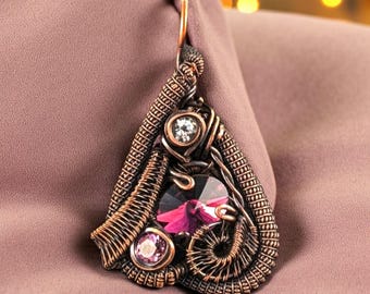 Copper Wire Wrapped Pendant: Abstract Geometric Cluster with Faceted Crystal