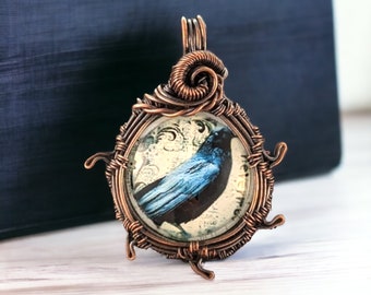 Handmade Copper Wire Wrapped Raven Pendant