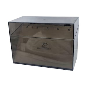 Fichero vintage de los años 80, caja de recetas de plástico ahumado, archivador de 5 x 8 pulgadas con separadores, almacenamiento de oficina