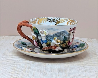 Mid-Century Capodimonte Artistic Cup & Saucer – Italian Relief Porcelain