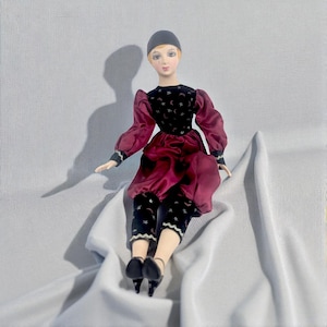 Vintage Pierrot Clown Doll: Porcelain Harlequin, Burgundy & Black Celestial Outfit