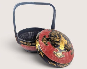 Vintage Chinese Lacquered Bamboo Wedding Basket Hand Painted Red Gold Decor
