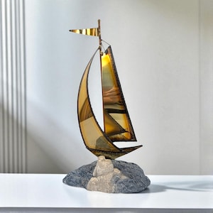 Vintage Signed Brass Sailboat Sculpture: Nautical Maritime Decor