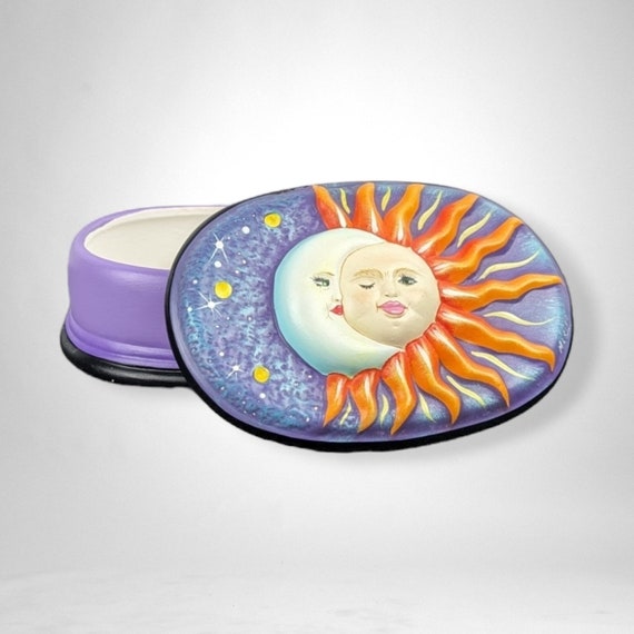 Hand Painted Sun and Moon Celestial Ceramic Box w… - image 4