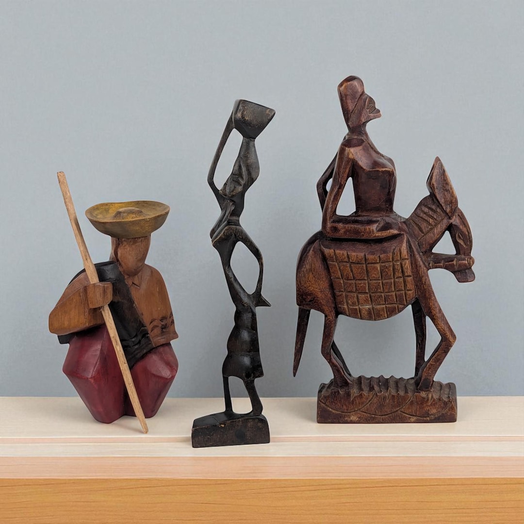 Hand Carved Wood Figurines: African Tribal Art Decor, Vintage Set of 3 ...