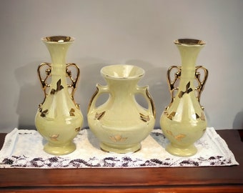 Trio of Vintage Yellow Vases with Gold Accents