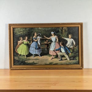 Vintage Framed Currier and Ives Print: Blind Man&#39;s Bluff, 19th Century Americana