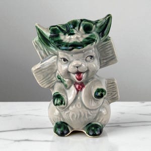 Vintage Ceramic Rabbit Planter, Whimsical Bunny with Fence, Green and Gray, 5&quot; Tall