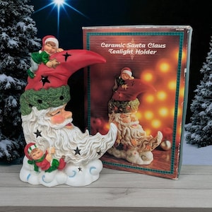 Vintage Ceramic Santa Tealight Holder: Crescent Moon & Elves, 8.5 Inch