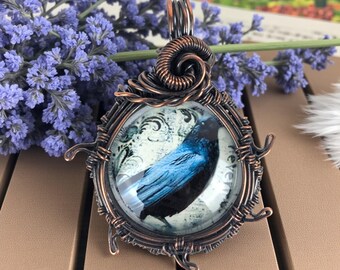 Raven Pendant, Wire Wrapped Glass Cabochon, Dark Academia Gothic Style