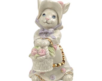 Figurine de lapin fleurs de Pâques Lenox, vintage 2003 lapin avec panier, décoration printanière en porcelaine ivoire, lapin de Pâques à collectionner avec bordure dorée