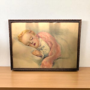 Vintage Bessie Pease Gutmann Baby Print, Framed Nursery Art, Sleeping Child Wall Decor