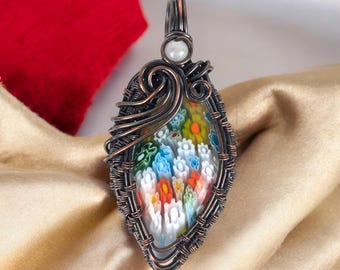 Handmade Copper Pendant: Wire Wrapped Millefiori Glass Floral Stone