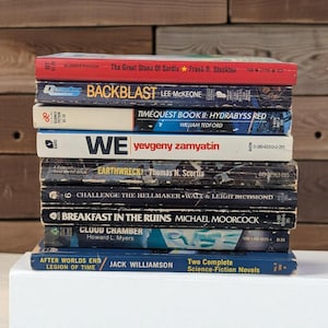 Vintage Sci-Fi Book Lot, Dystopian Classic We, Jack Williamson, Michael Moorcock, Instant Library, Bookshelf Decor Gift