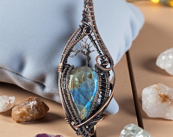 Tree of Life Labradorite Copper Wire Wrapped Pendant Handmade Oxidized Boho