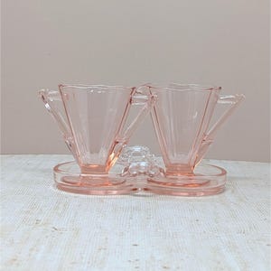 Juego decagonal de cristal rosa Cambridge de la década de 1930: azucarero y lechera vintage con bandeja.