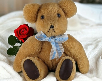 Vintage Tan 16" Teddy Bear with Blue Bow