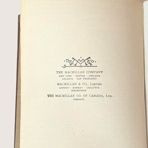 May include: Cream-colored book page featuring the logo of "The Macmillan Co." and the company's locations: New York, Boston, Chicago, Atlanta, and San Francisco. Also lists Macmillan & Co., Limited, with locations in London, Bombay, Calcutta, and Melbourne.