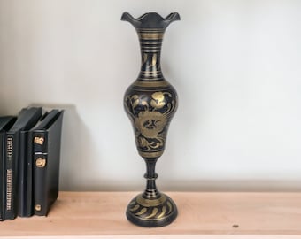 Vintage Scalloped Brass and Black Vase from India