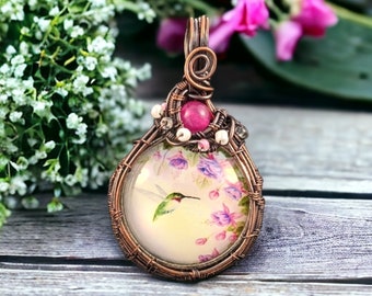 Handmade Copper Wire Wrapped Pendant Depicting Hummingbird