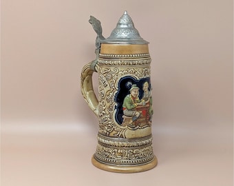 Mid-Century Ceramarte Brazil Stein – High-Relief Tavern Scene & Metal Lid