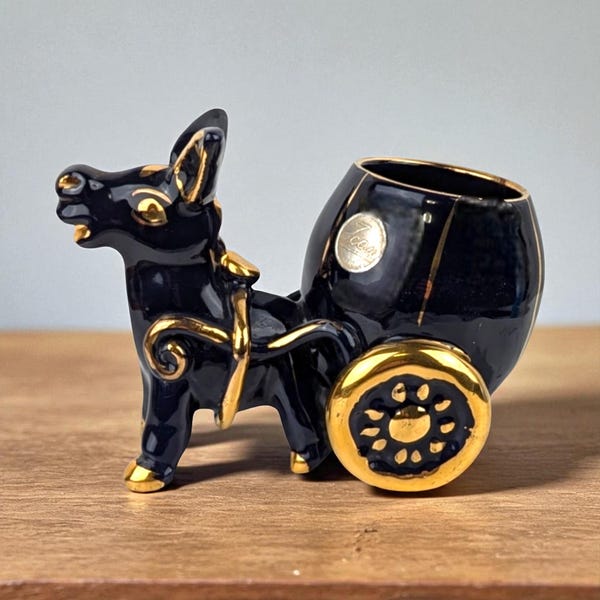 Vintage Italian Ceramic Donkey and Cart Figurine: Blue & Gold Decor