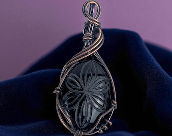 Handmade Black Onyx Pendant Wire Wrapped Copper Flower Jewelry