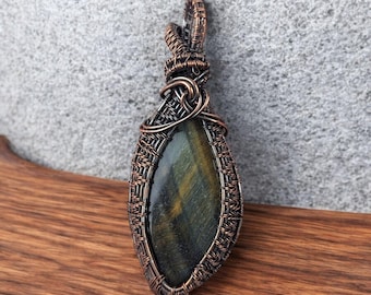 Tigers Eye Copper Wire Wrapped Pendant Handmade Oxidized Boho Gemstone Jewelry