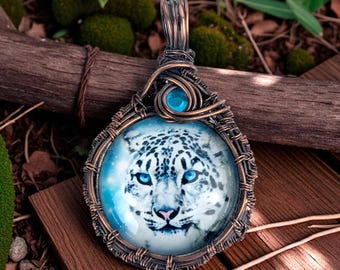 Snow Leopard Pendant Handmade Copper Wire Wrapped Wildlife Art Jewelry