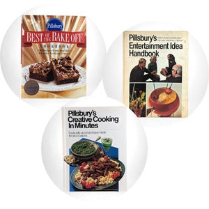 Vintage Pillsbury Kochbuch und Unterhaltungs-Trio - 1970er Jahre Kochbücher, kreatives Kochen, Bake-Off-Rezepte, Retro-Küchendekoration