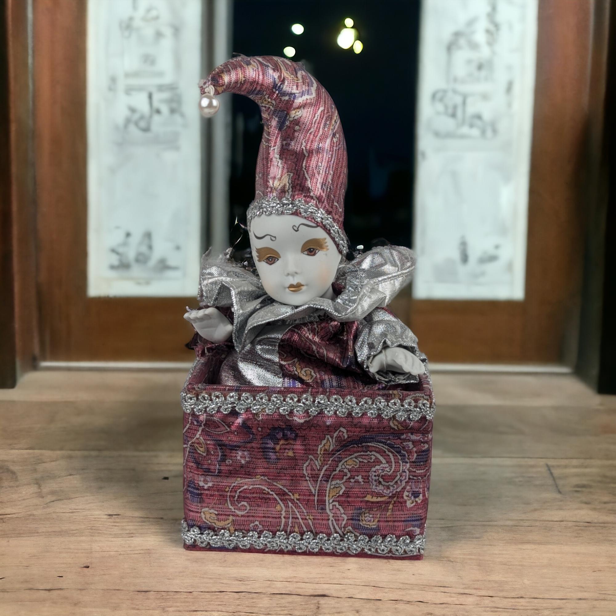 Whimsical Vintage Jester Music Box, Porcelain Face & Hands, 9