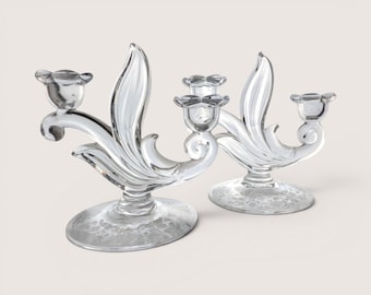 Mid-Century Duncan Miller Canterbury Glass Double Candlestick Pair