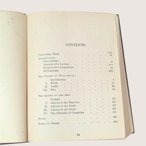 May include: Open book with a detailed contents page. The text includes "PREFATORY NOTE", "INTRODUCTION", and "THE CROWN OF WILD OLIVE". The page numbers are listed on the right. The book is open to page ix.