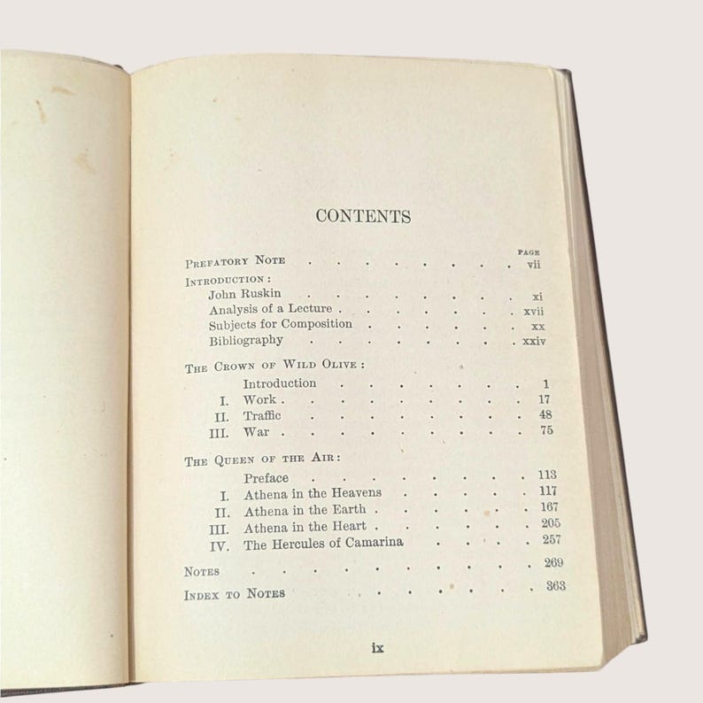 May include: Open book with a detailed contents page. The text includes "PREFATORY NOTE", "INTRODUCTION", and "THE CROWN OF WILD OLIVE". The page numbers are listed on the right. The book is open to page ix.