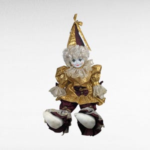 Muñeca payaso musical Betty Jane Carter de 29 pulgadas de Goebel, con polvo dorado, de porcelana, de 1990, que interpreta "Swinging on a Star" (columpiándose en una estrella), coleccionable vintage